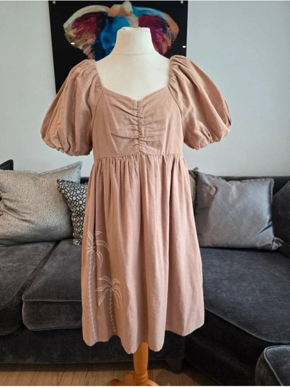 Puff-Sleeve Maxi Dress in Taupe with Gathered Bodice and Palm Embroidery